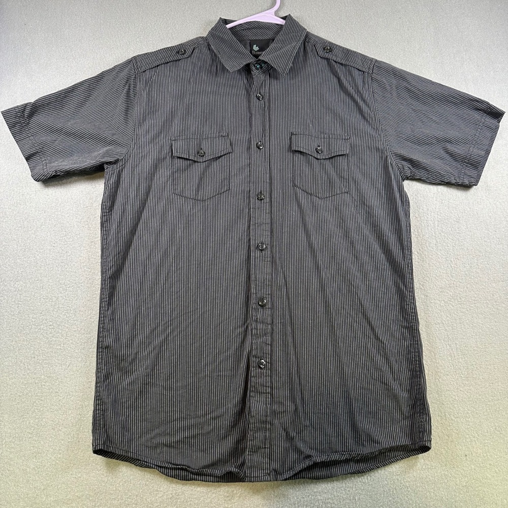 Burnside Mens Black Pinstripe Short Sleeve Button Up Shirt Epaulets Size M